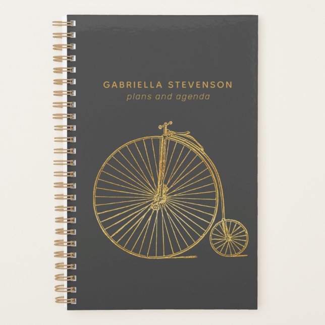 Glitzer Gold Penny Farthing Bike Grau Personalisie Planer (Vorderseite)