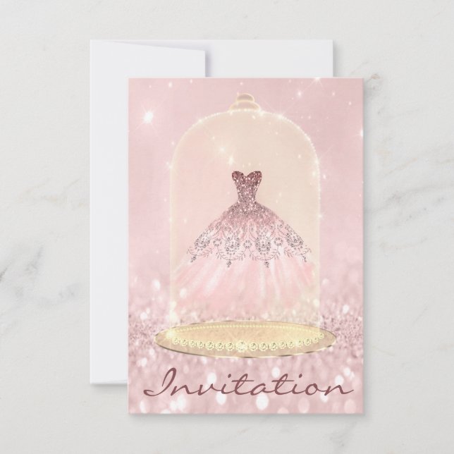 Glitzer Gold Pink Diamantkleid Sweet 16. Einladung (Vorderseite)