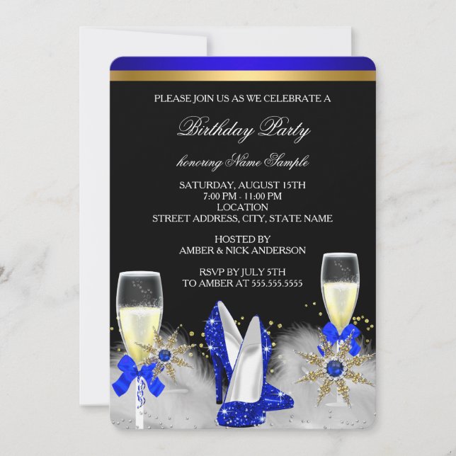 Glitzer Gold Royal Blue Heelse Black Champagne Einladung (Vorderseite)