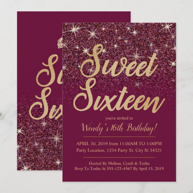 Glitzer & Gold, Ruby Sweet 16 Einladungen zum Gebu (Vorne/Hinten)