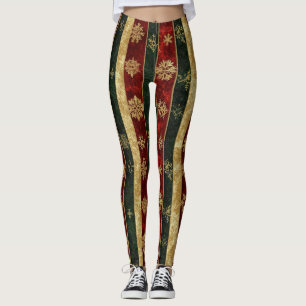 Glitzer-Gold-Schneeflocken auf Rot & Grün Gestreif Leggings