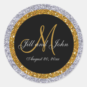 Glitzer Gold Silver Wedding Monogram Siegel Sticke Runder Aufkleber