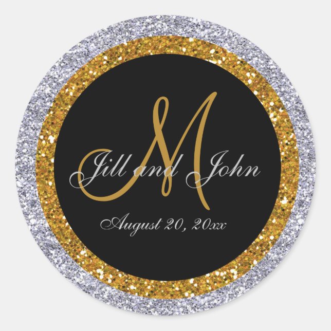 Glitzer Gold Silver Wedding Monogram Siegel Sticke Runder Aufkleber (Vorderseite)