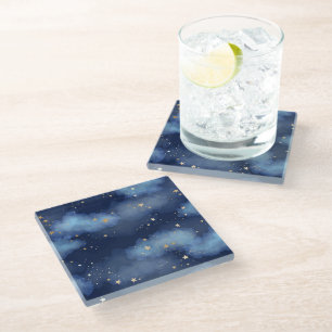 Glitzer Gold Stars Dark Blue Sky Muster Glasuntersetzer