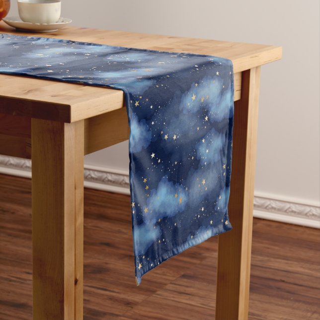 Glitzer Gold Stars Dark Blue Sky Muster Mittelgroßer Tischläufer (Beispiel)