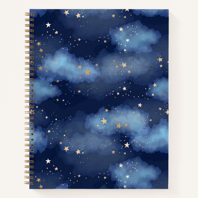 Glitzer Gold Stars Dark Blue Sky Muster Notizbuch (Vorderseite)