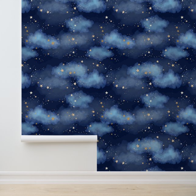 Glitzer Gold Stars Dark Blue Sky Muster Tapete (Anwendung)