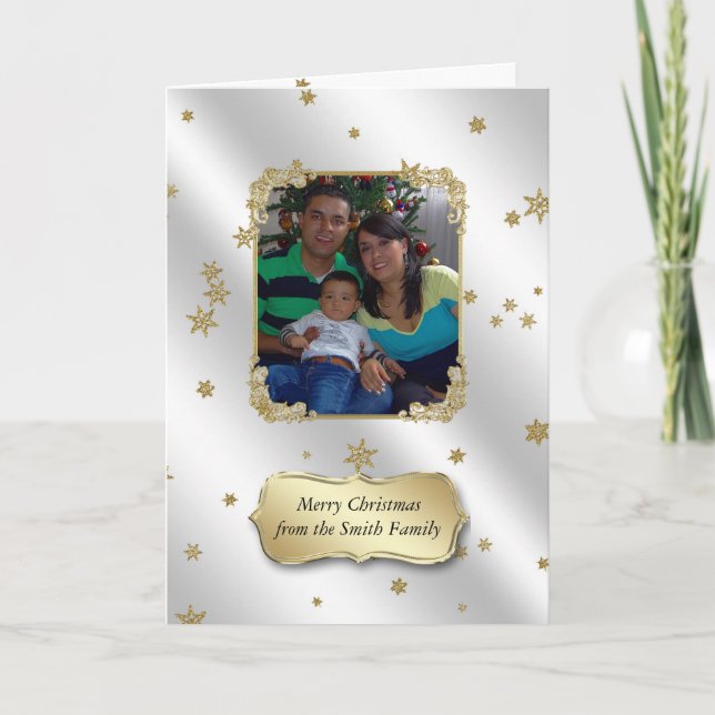 Glitzer Gold Stars Foto Weihnachtskarte Feiertagskarte (Vorderseite)