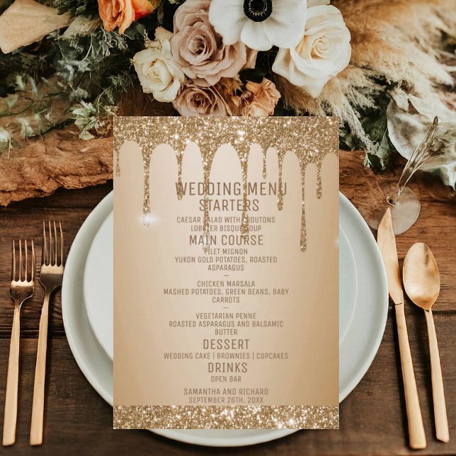 Glitzer Gold Tropfen Champagne Beige Hochzeit Menükarte (Von Creator hochgeladen)