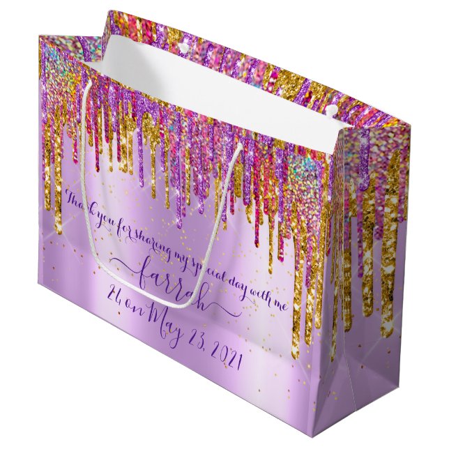 Glitzer Gold Tropfen Rose Sweet16th Violet Bridal Große Geschenktüte (Vorderseite Schrägansicht)