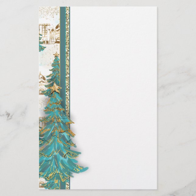 Glitzer-Gold und grüne Grenze mit Weihnachtsbäumen Briefpapier (Vorderseite)