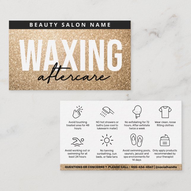 Glitzer Gold Waxing Aftercare Card Haarentfernung Visitenkarte (Vorne/Hinten)