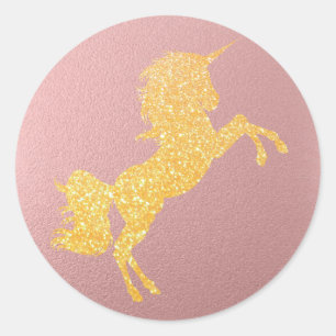 Glitzer Golden Magical Unicorn auf der Rose Runder Aufkleber
