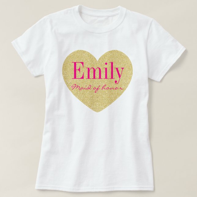 Glitzer-goldenes Herz-personalisierte Trauzeugin T-Shirt (Design vorne)