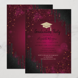 Glitzer Grad Cap, Confetti Schwarze Tropfen Rot Einladung