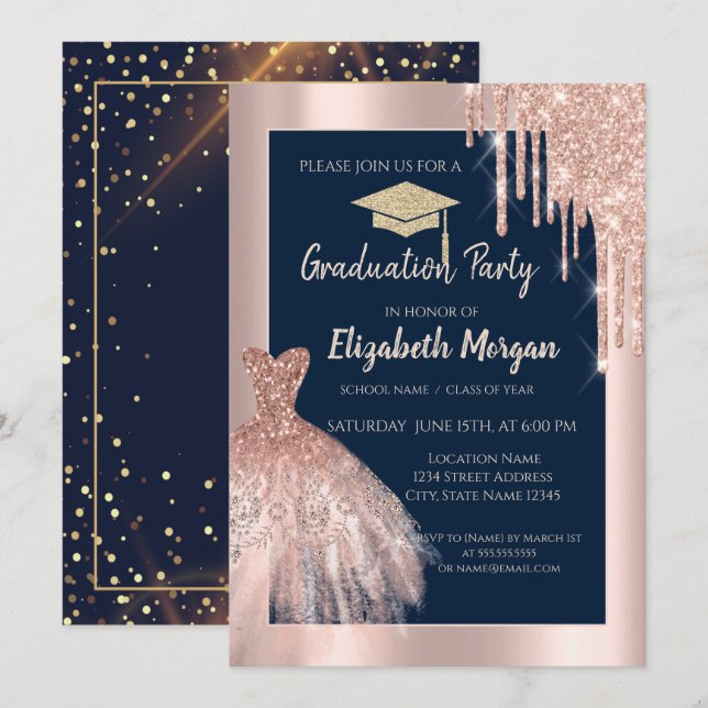 Glitzer Grad Cap, Rose Gold Tropfen, Dress Navy Bl Einladung (Vorne/Hinten)