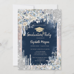 Glitzer Grad Cap, Tropfen, Blume, Navy Blue Einladung