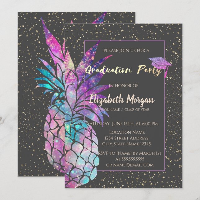 Glitzer Graduation Cap, Ananas, Confetti Einladung (Vorne/Hinten)