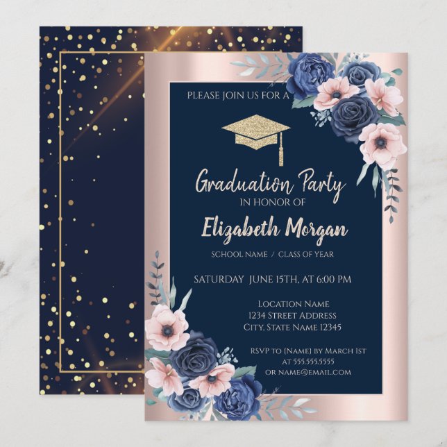 Glitzer Graduation Cap, Blue Rose, Navy Blue Einladung (Vorne/Hinten)
