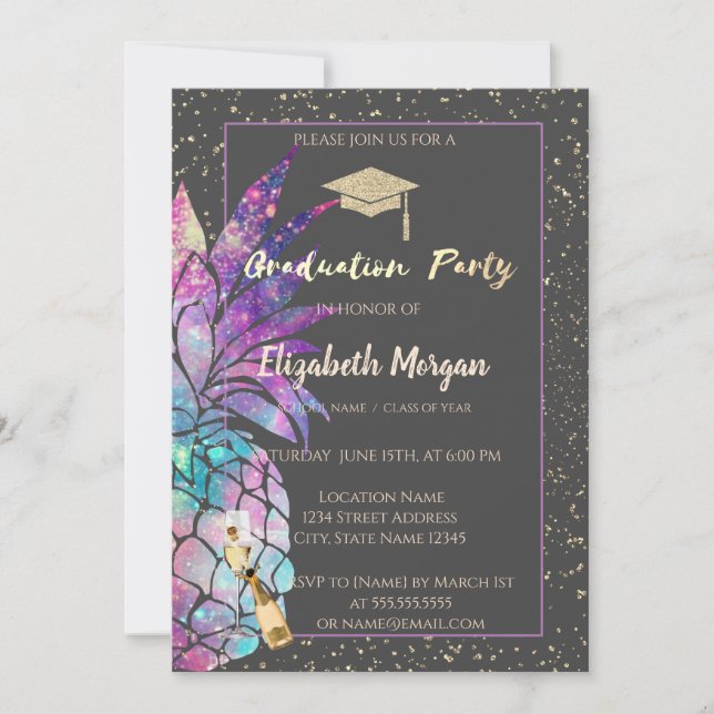 Glitzer Graduation Cap, Confetti, Wein, Ananas Einladung (Vorderseite)