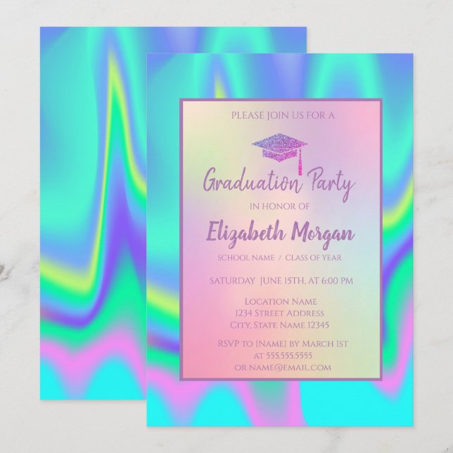 Glitzer Graduation Cap Holographic Abschluss Einladung (Vorne/Hinten)