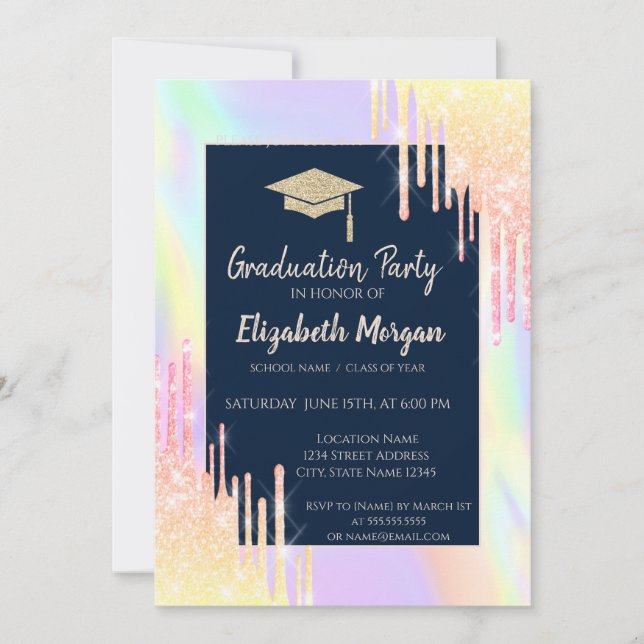 Glitzer Graduation Cap,Rose Gold Tropfen,Navy Blue Einladung (Vorderseite)