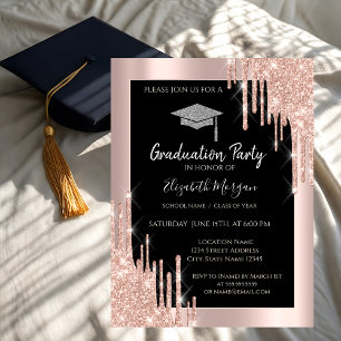 Glitzer Graduation Cap, Rose Gold Tropfen, Schwarz Einladung