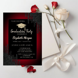 Glitzer Graduation Cap, Schwarze Tropfen Dunkelrot Einladung