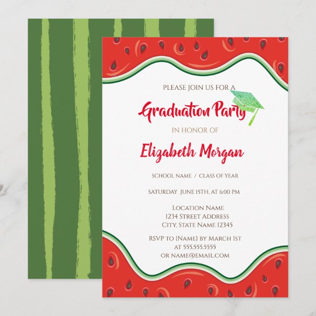 Glitzer Graduation Cap, Watermelon Abschluss Einladung (Vorne/Hinten)