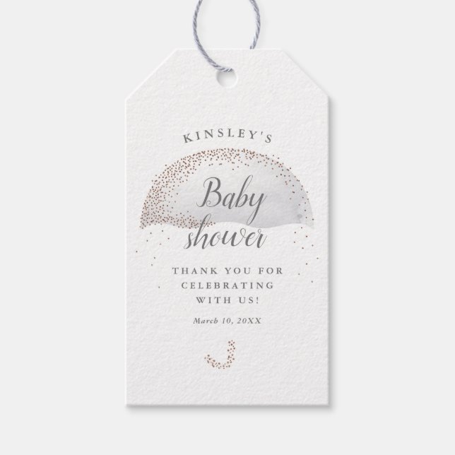 Glitzer graue Regenschirm Babydusche Danke Geschenkanhänger (Vorderseite)