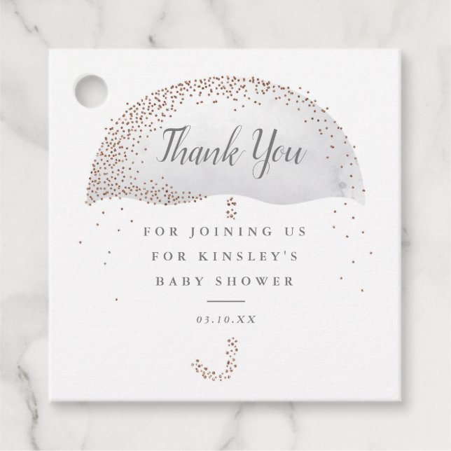 Glitzer graue Regenschirm Babydusche Danke Geschenkanhänger (Vorderseite)