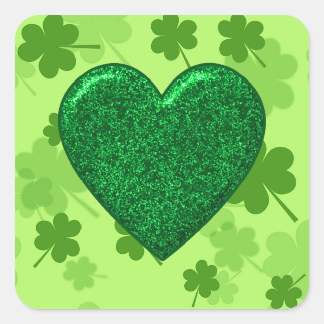 Glitzer Green Heart and Kleeblatt Square Stickers (Vorderseite)