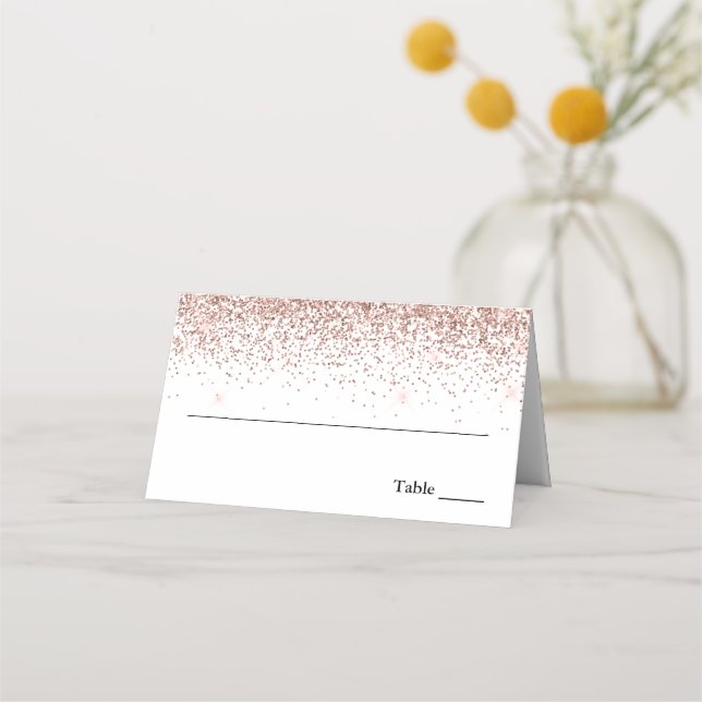Glitzer Grenze, Rose Gold und Weiß Personalisiert Platzkarte (Vorderseite)