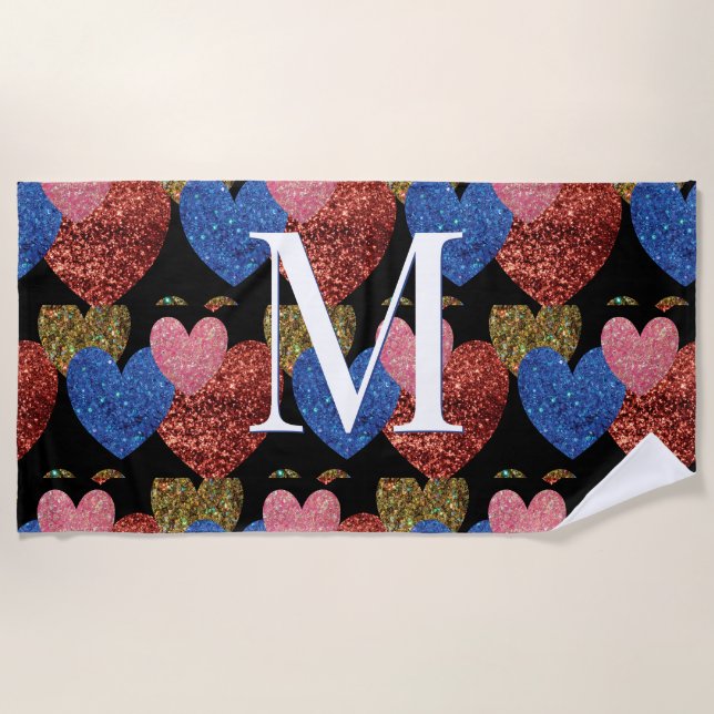 Glitzer Hearts Modern Glam Monogram Strandtuch (Vorderseite)