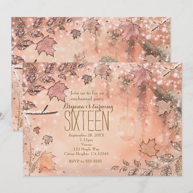 Glitzer Herbstlaub Rose Gold Herbsteinladungen Einladung (Vorne/Hinten)