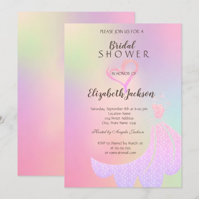 Glitzer Herz, Kleid Holografisches Brautparty Einladung (Vorne/Hinten)