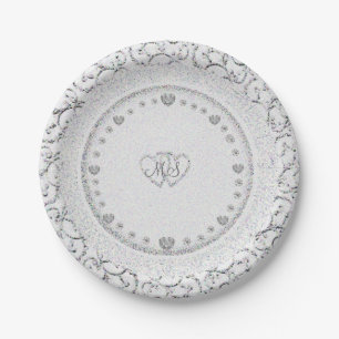 Glitzer-Herz-Monogramm Wedding   Pappteller