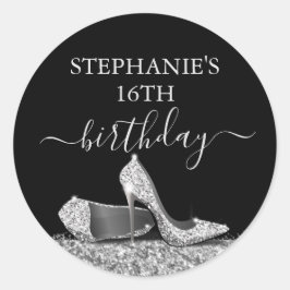 Glitzer High Heel 16. Geburtstag Silberfavorit Runder Aufkleber
