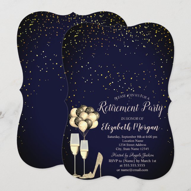 Glitzer High Heels, Confetti Blue Retirement Party Einladung (Vorne/Hinten)
