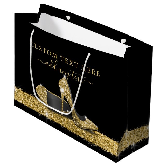 Glitzer High Heels Gold Black Personalisiert Große Geschenktüte (Vorderseite Schrägansicht)