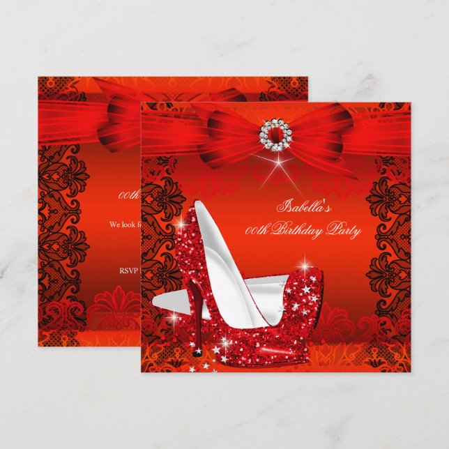 Glitzer High Heels Red Lace Diamond Silver Party 2 Einladung (Vorne/Hinten)