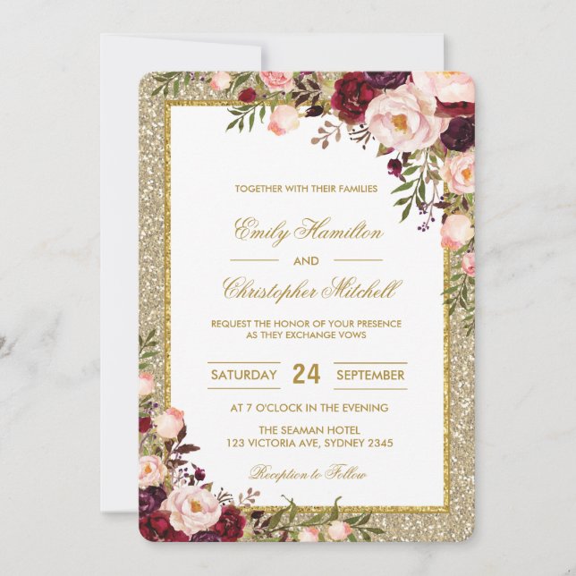 Glitzer Hochzeit Einladung Burgund Blush Bloral (Vorderseite)