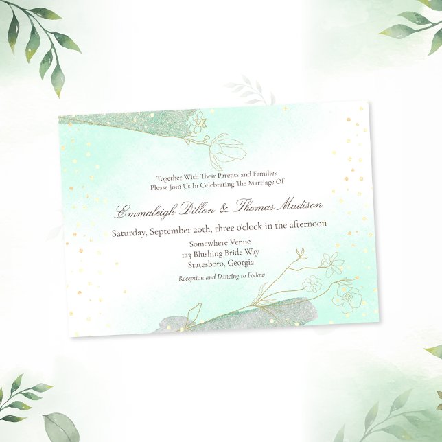 Glitzer-Hochzeit von Radiant Mint Green Foliage Einladung (Von Creator hochgeladen)