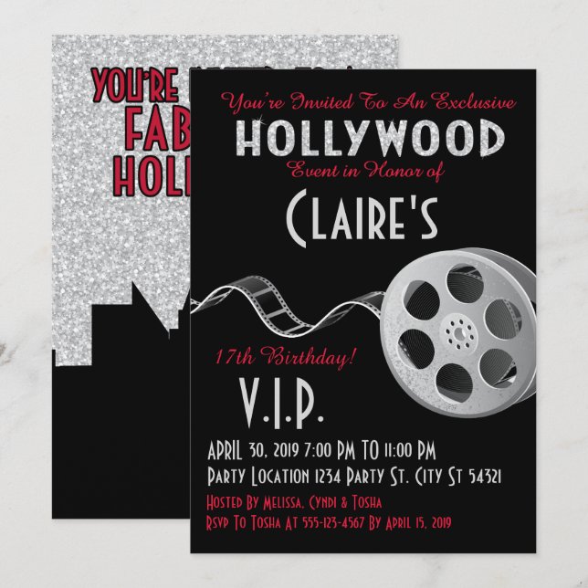 Glitzer, Hollywood Glam Party Einladungen (Vorne/Hinten)