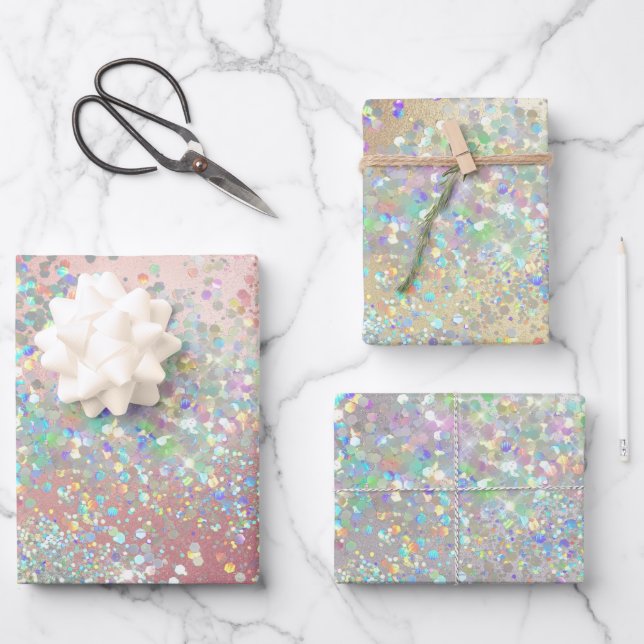 Glitzer holografische Rose rosa goldsilberne Funke Geschenkpapier Set (Vorderseite)