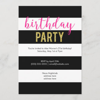 Glitzer Hot Pink Black Strips Geburtstagsparty Einladung