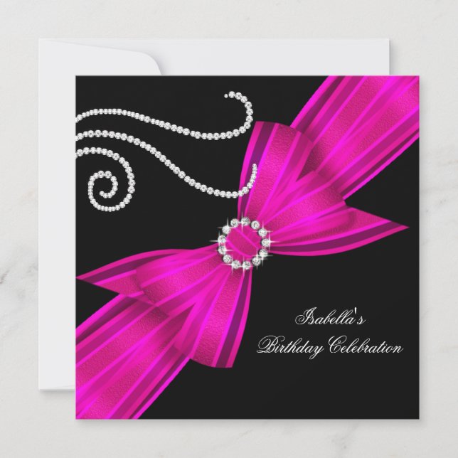 Glitzer Hot Pink Diamond Bow Black Birthday Party Einladung (Vorderseite)