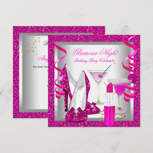 Glitzer Hot Pink Glamour Nacht Martini-Party Einladung (Vorne/Hinten)