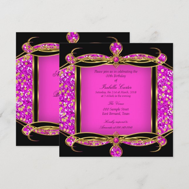 Glitzer Hot Pink Gold Black Birthday Party Einladung (Vorne/Hinten)