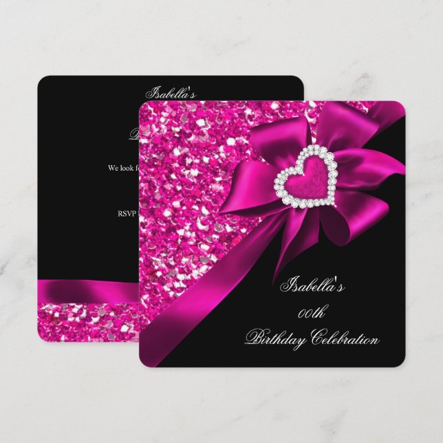 Glitzer Hot Pink Heart Bow Black Birthday Party 2 Einladung (Vorne/Hinten)